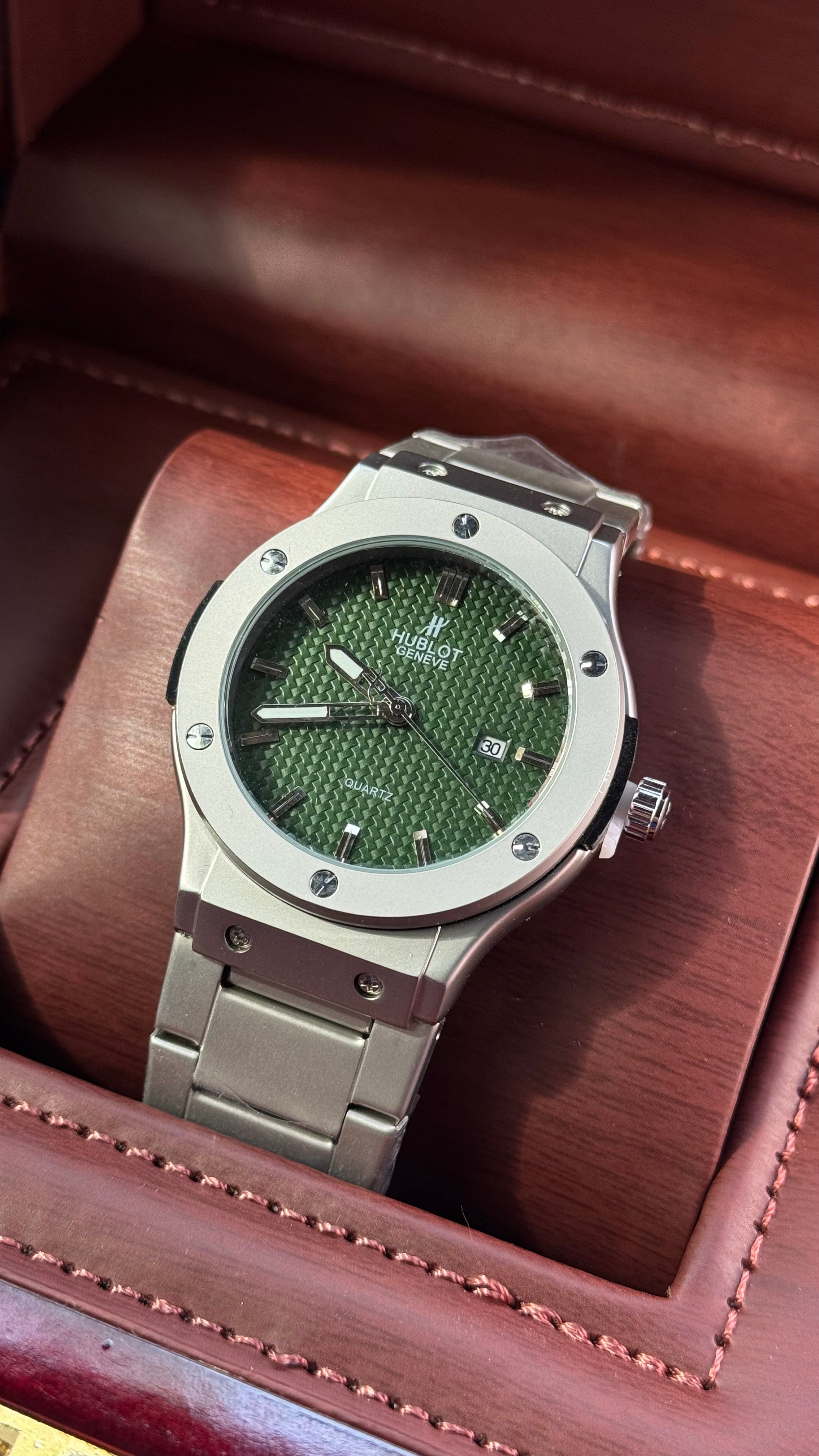 Hublot Metal Watch – Black, White & Green Dial