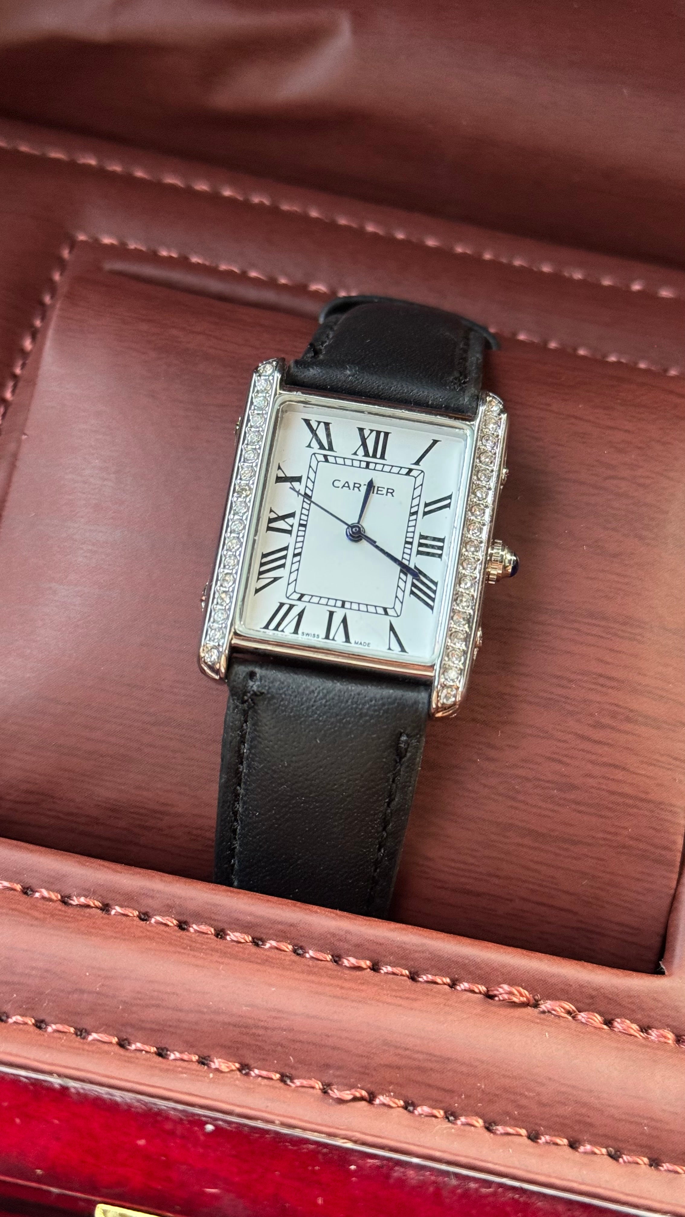 Cartier Tank Iced Quartz White Dial Black Leather Watch