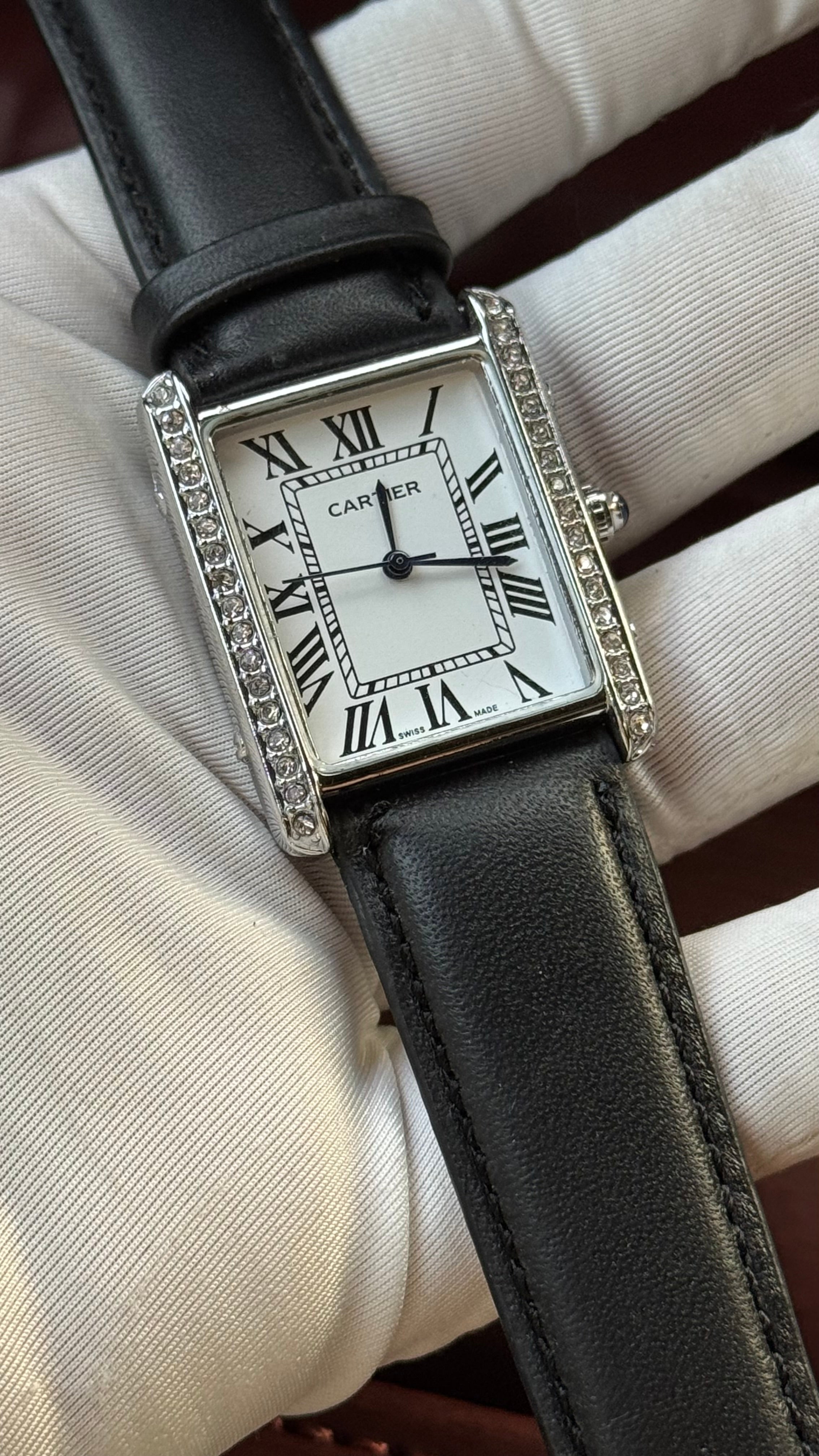 Cartier Tank Iced Quartz White Dial Black Leather Watch